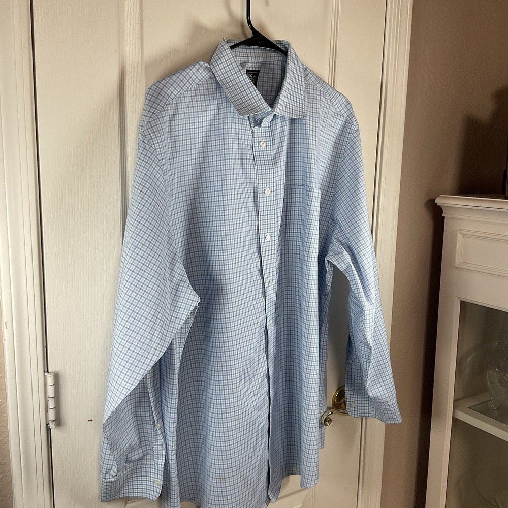 Jos A Bank Button Shirt Men Traditional Fit 18-36 Blue Brown plaid Long Sleeve